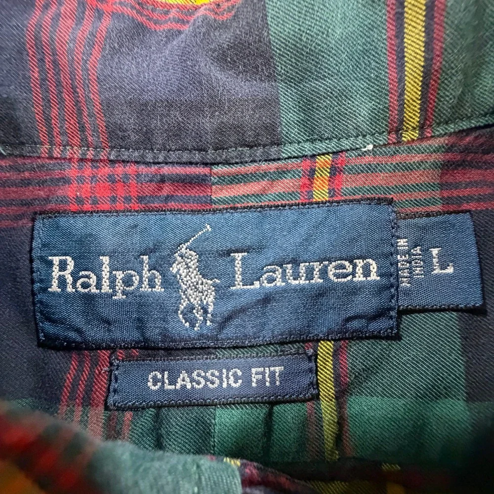 Ralph Lauren Mens Large Plaid Button Down Shirt Classic Fit Green Navy Blue